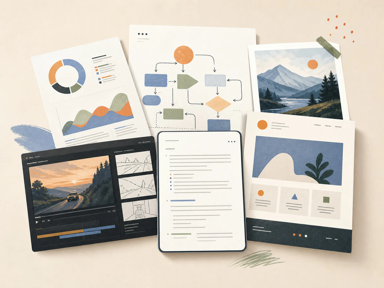 Generated diagrams, infographics, images, video boards, docs, and page designs