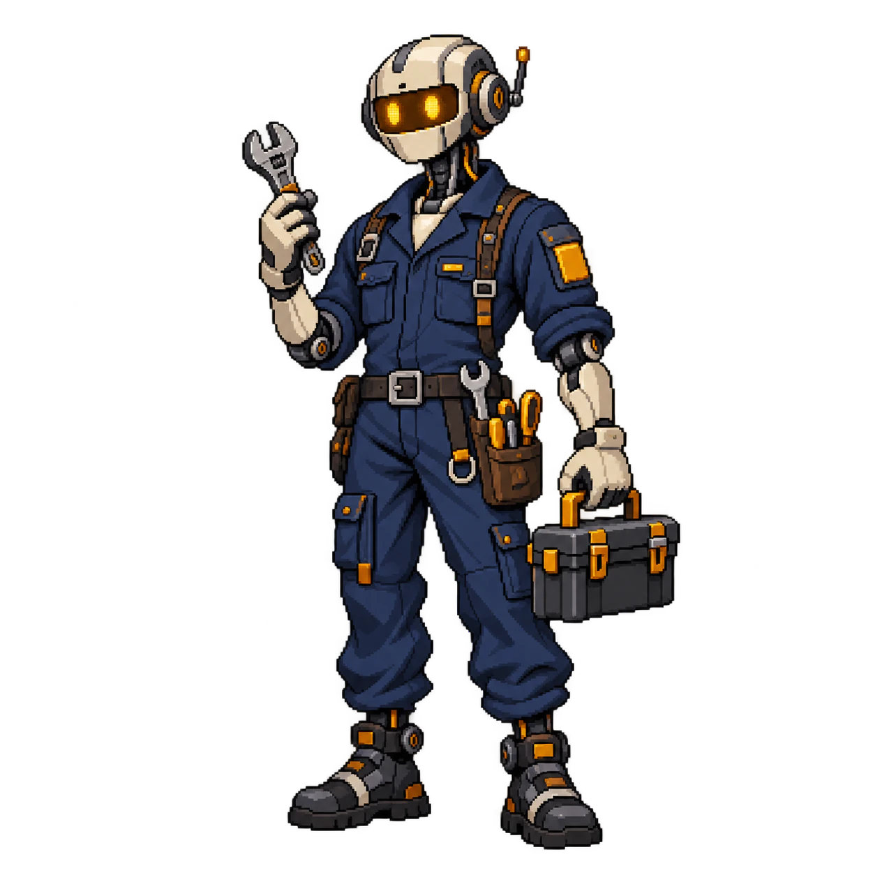 A pixel-style mechanic with an amber visor