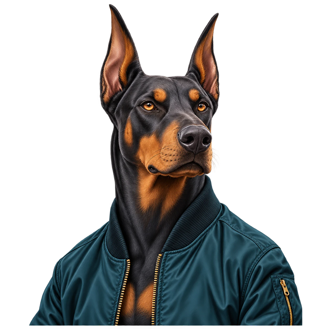 Doberman com jaqueta verde