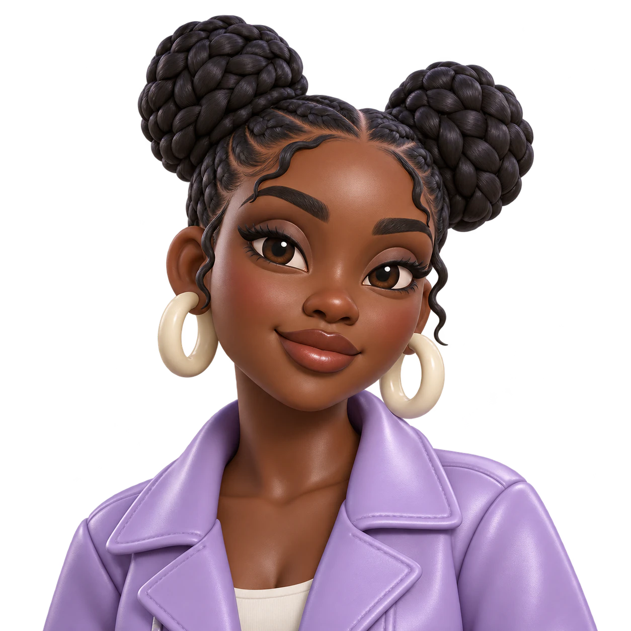 A 3D-look static avatar: A satin toy-like adult with braided hair