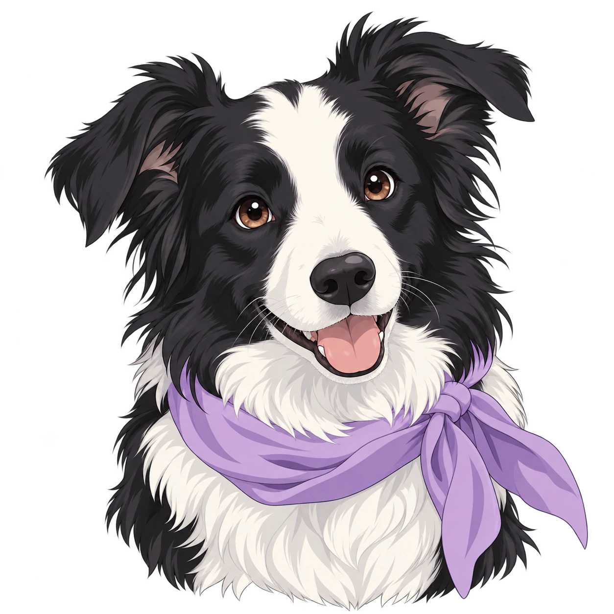 An anime-style dog avatar: A black-and-white collie with a lilac scarf