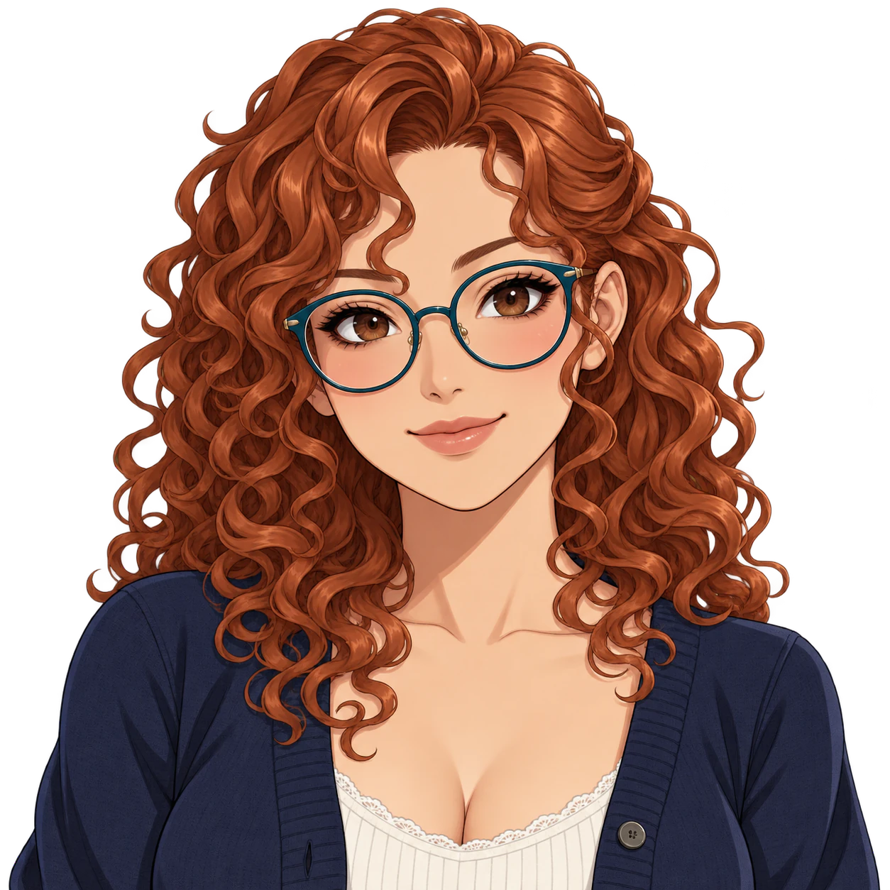Anime girl profile picture: Copper curls and teal glasses