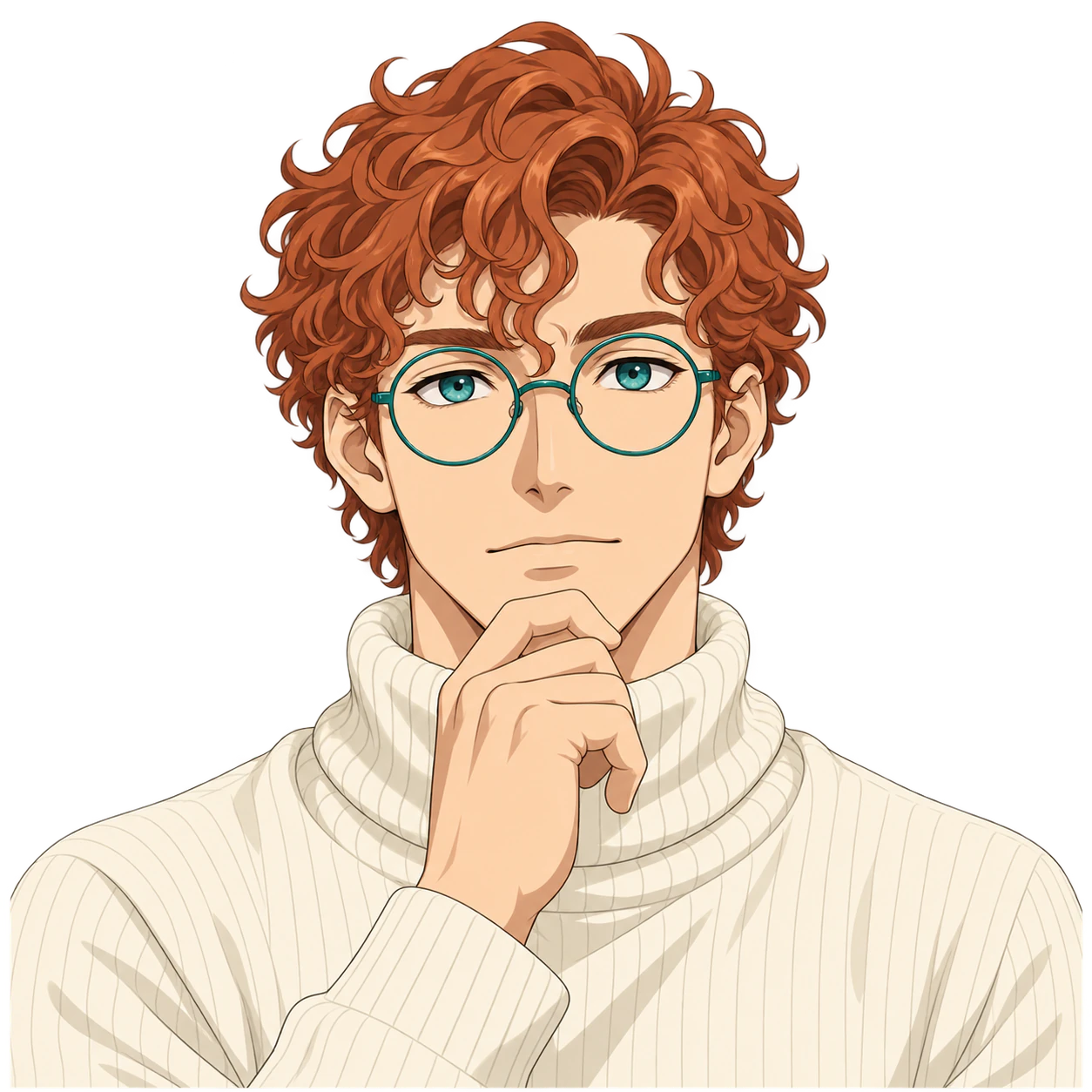 Transparent anime profile picture: Copper curls and teal glasses