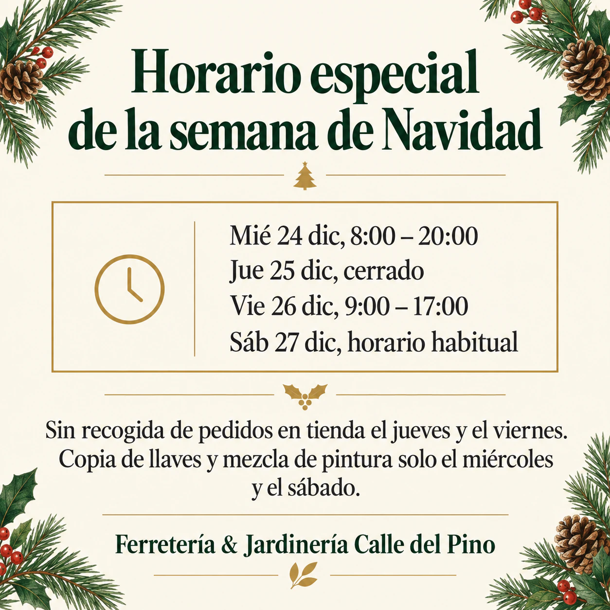 Cartel de aviso para cierres, horarios y cambios: Cuatro días de horario especial de Navidad y sin línea de contacto