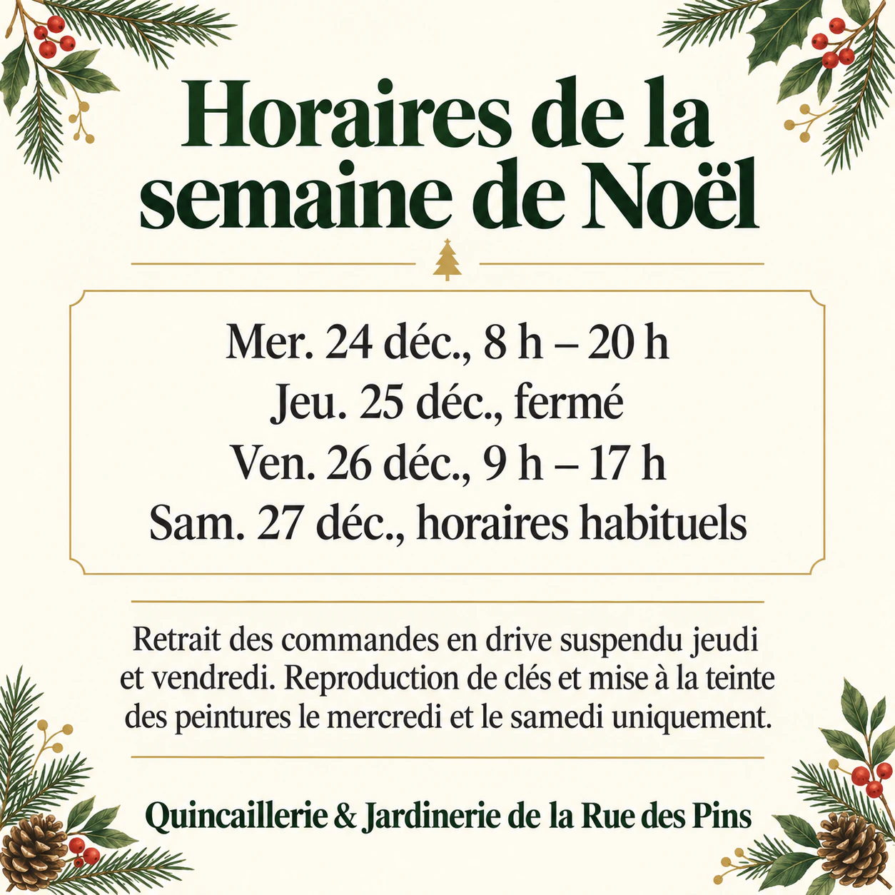 Affiche d’annonce pour une fermeture, des horaires ou un changement : Quatre jours d’horaires de fêtes et aucune ligne de contact