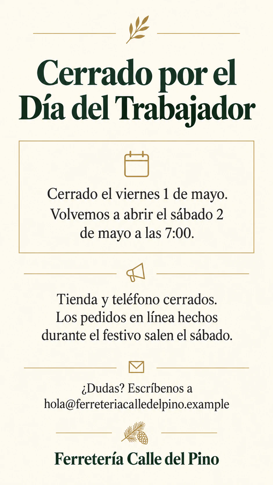 Ejemplo de Cartel de aviso para cierres, horarios y cambios
