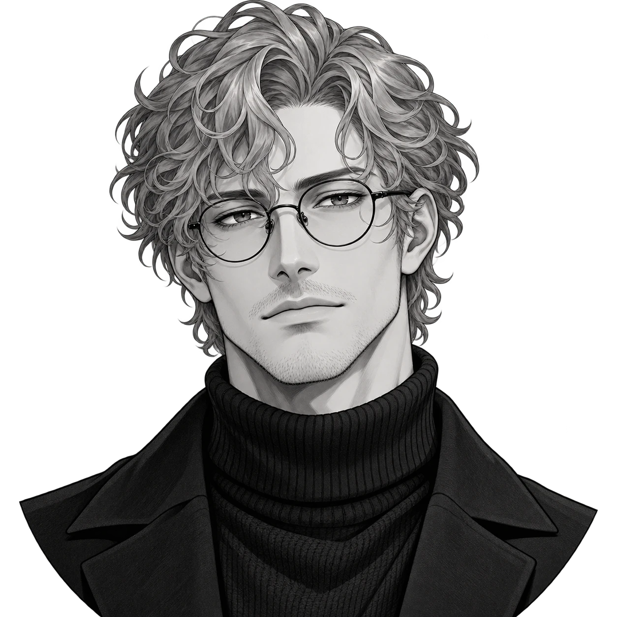 Black and white anime profile picture: Grey curls and round glasses