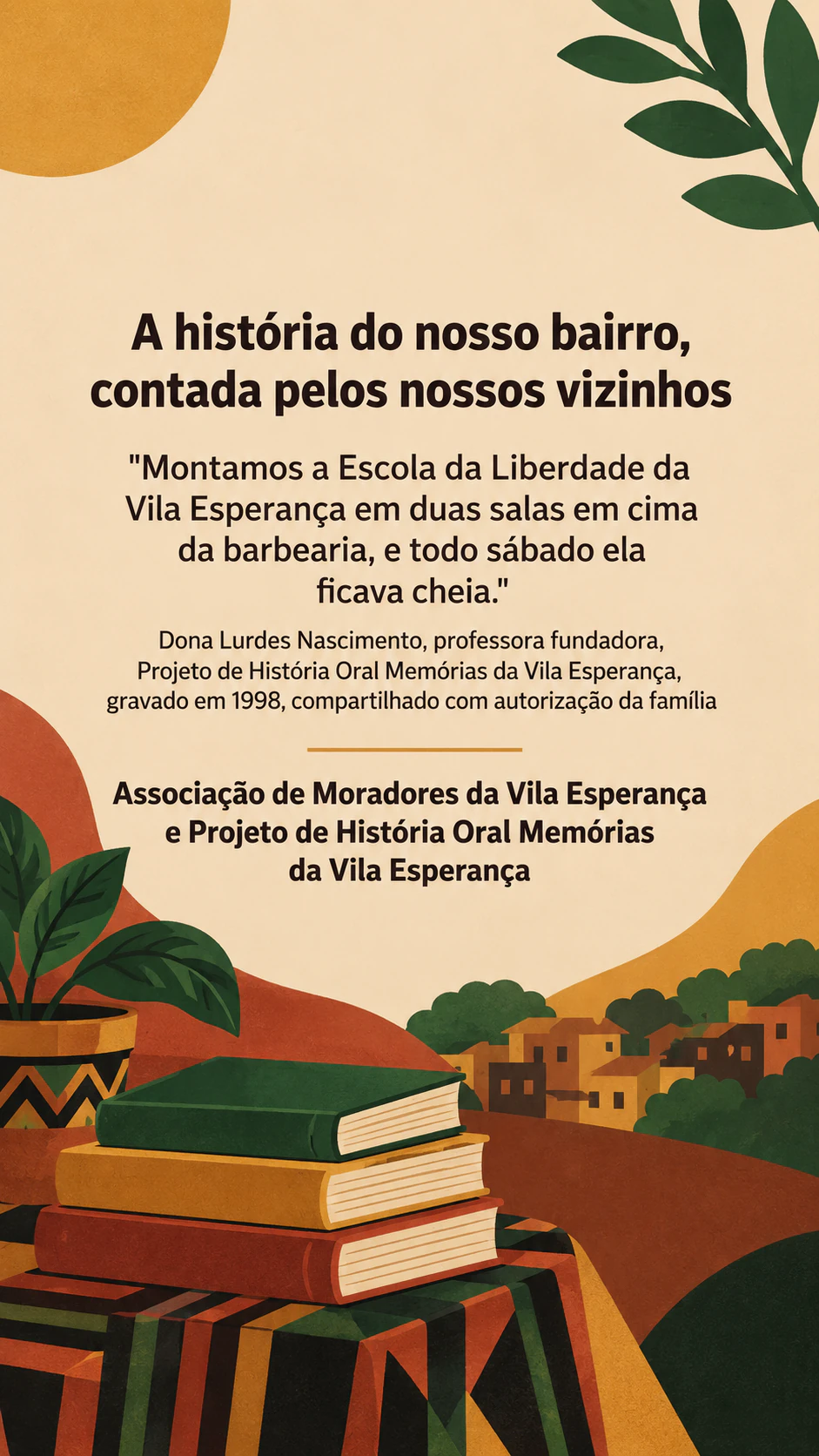 Post do Mês da História Negra para o evento ou o conteúdo aprovado da sua organização: Citação de história oral com crédito longo e sem detalhes de evento, em formato Story