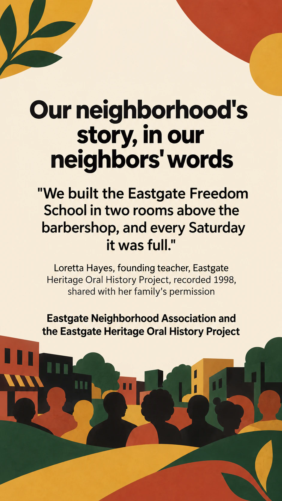 Black History Month post for your organization's event or approved content: Oral-history quote with a long attribution and no event details, as a Story