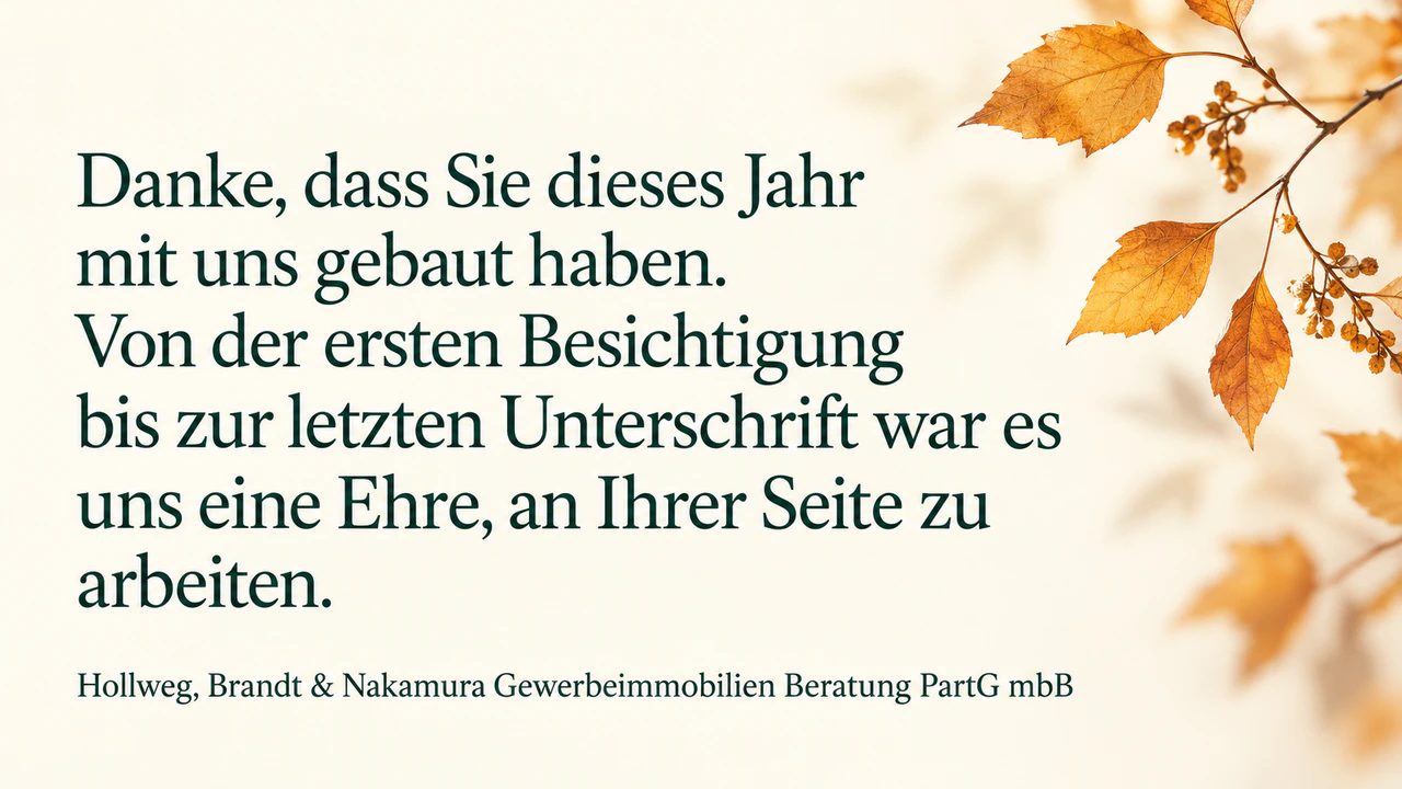 Thanksgiving-Karte für Kundinnen, Kunden und Geschäftspartner: Langer Kanzleiname mit Rechtsformzusatz und eine Nachricht aus zwei Sätzen