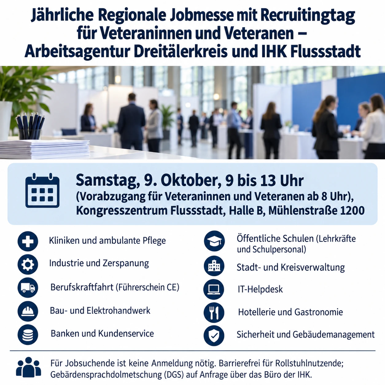 Flyer für eine Jobmesse mit mehreren Arbeitgebern: Regionale Jobmesse mit zwei Veranstaltern, zehn Berufsfeldern und Vorabzugang