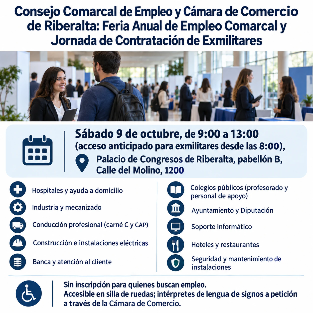 Flyer de feria de empleo para una jornada de contratación con varias empresas: Jornada de empleo comarcal con dos organizadores, diez sectores y acceso anticipado