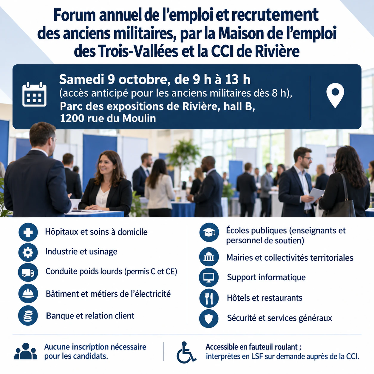 Flyer de forum emploi pour un salon de recrutement multi-employeurs : Salon régional à deux organisateurs, dix secteurs et accès anticipé