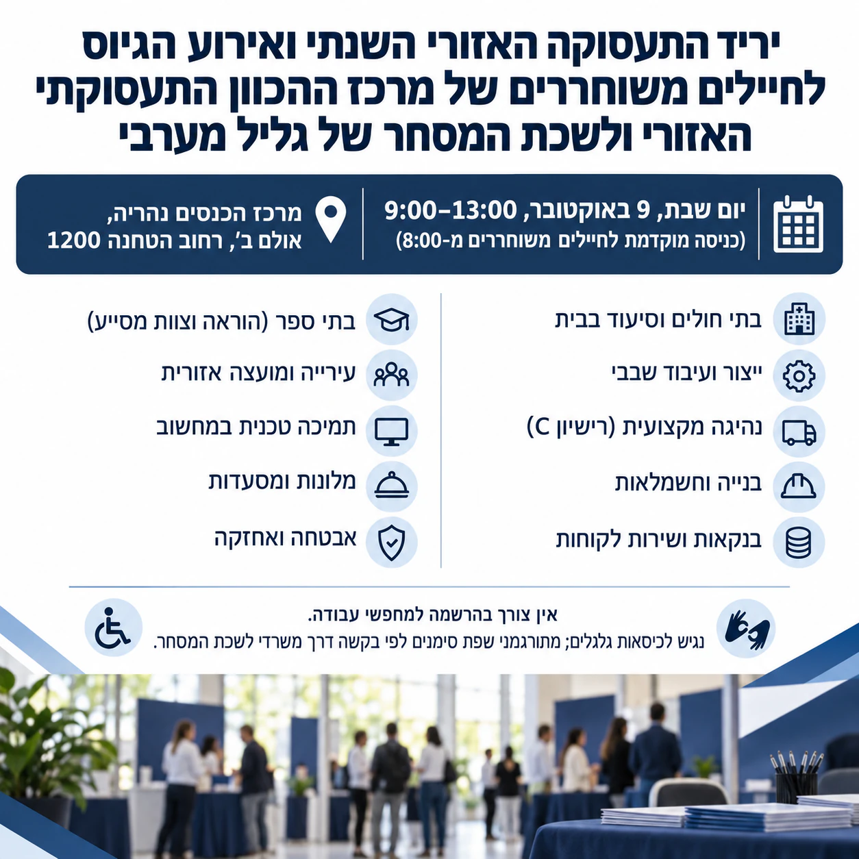 פלייר ליריד תעסוקה עם כמה מעסיקים: אירוע גיוס אזורי עם שני מארגנים, עשרה תחומי גיוס וכניסה מוקדמת