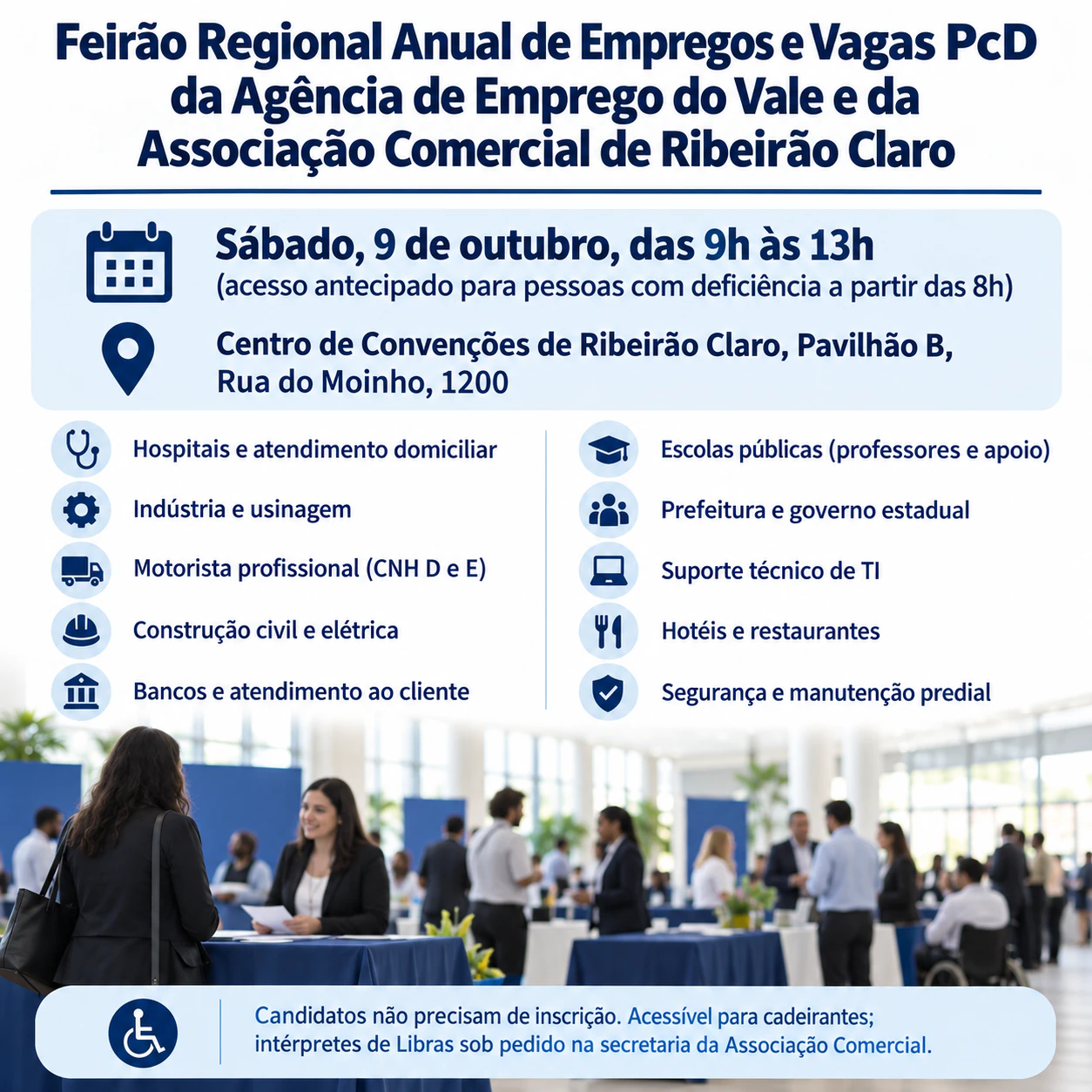 Flyer de feira de carreiras para um evento de contratação com várias empresas: Feirão regional com dois organizadores, dez áreas de contratação e acesso antecipado