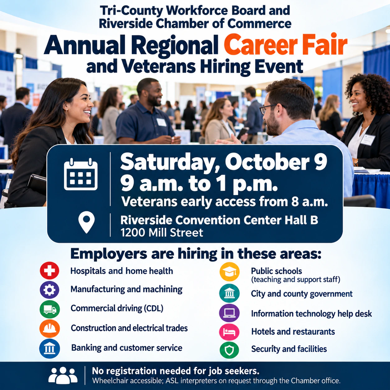 Career fair flyer for a multi-employer hiring event: Two-host regional hiring event with ten hiring areas and early access