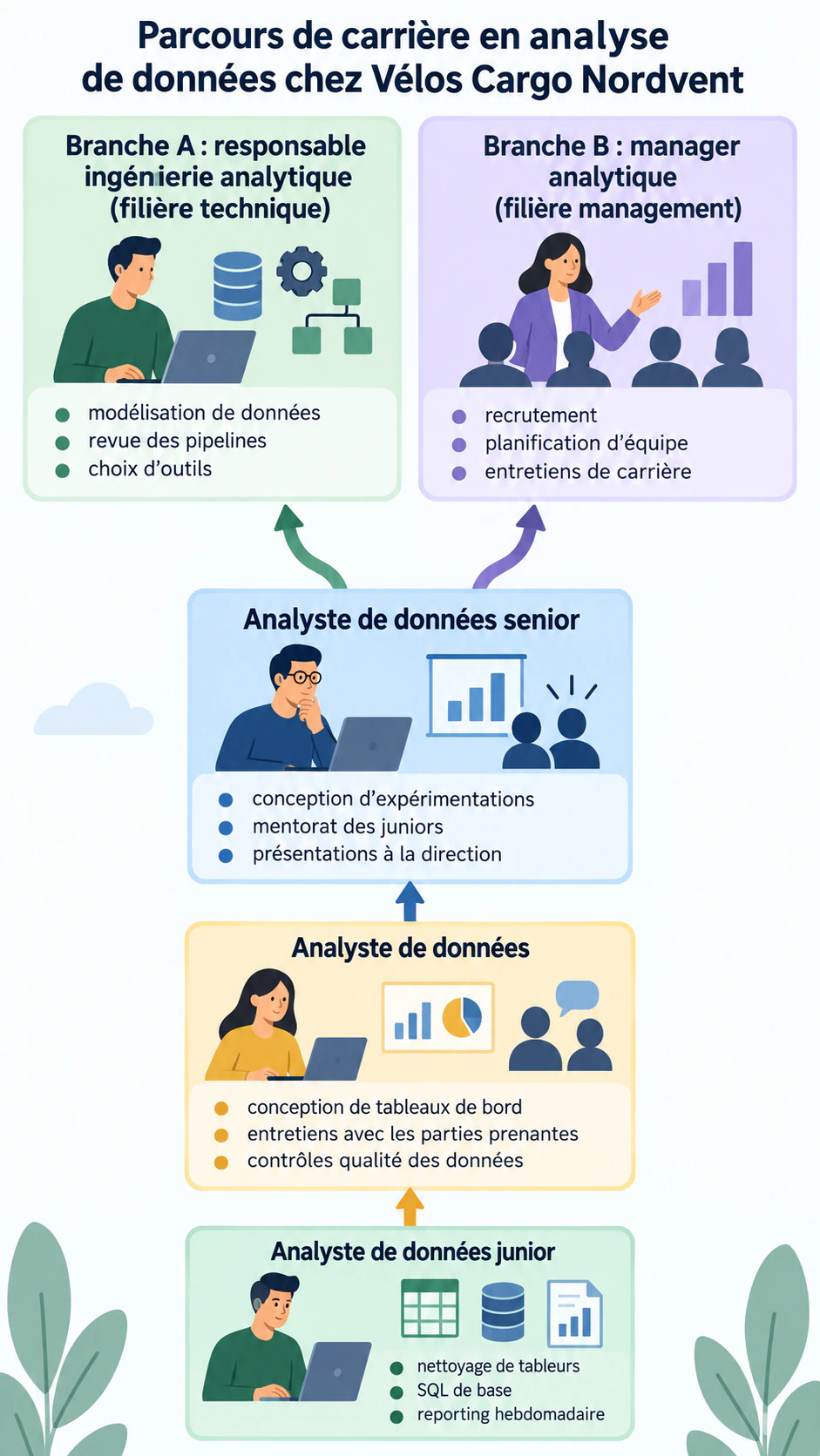 Infographie de parcours de carrière avec étapes et compétences : Cinq étapes finissant sur deux branches, intitulés longs et sans durée