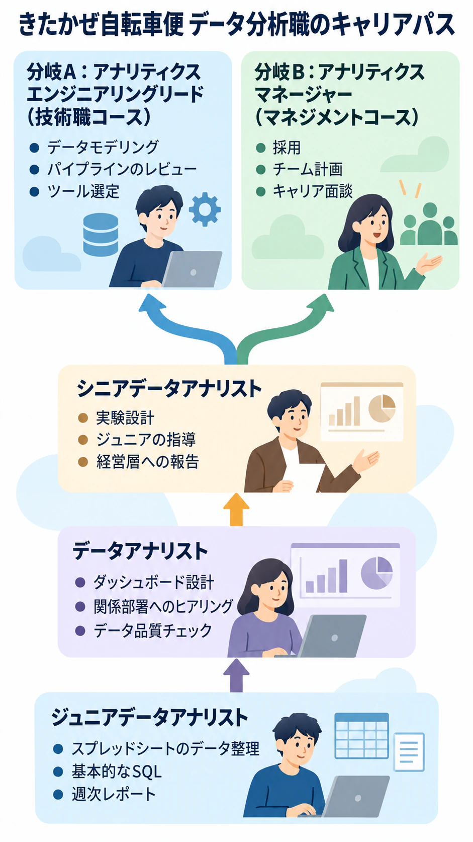 各ステージとスキルを示すキャリアパスのインフォグラフィック：最後に2つに分岐する5ステージ、長い役職名、期間なし