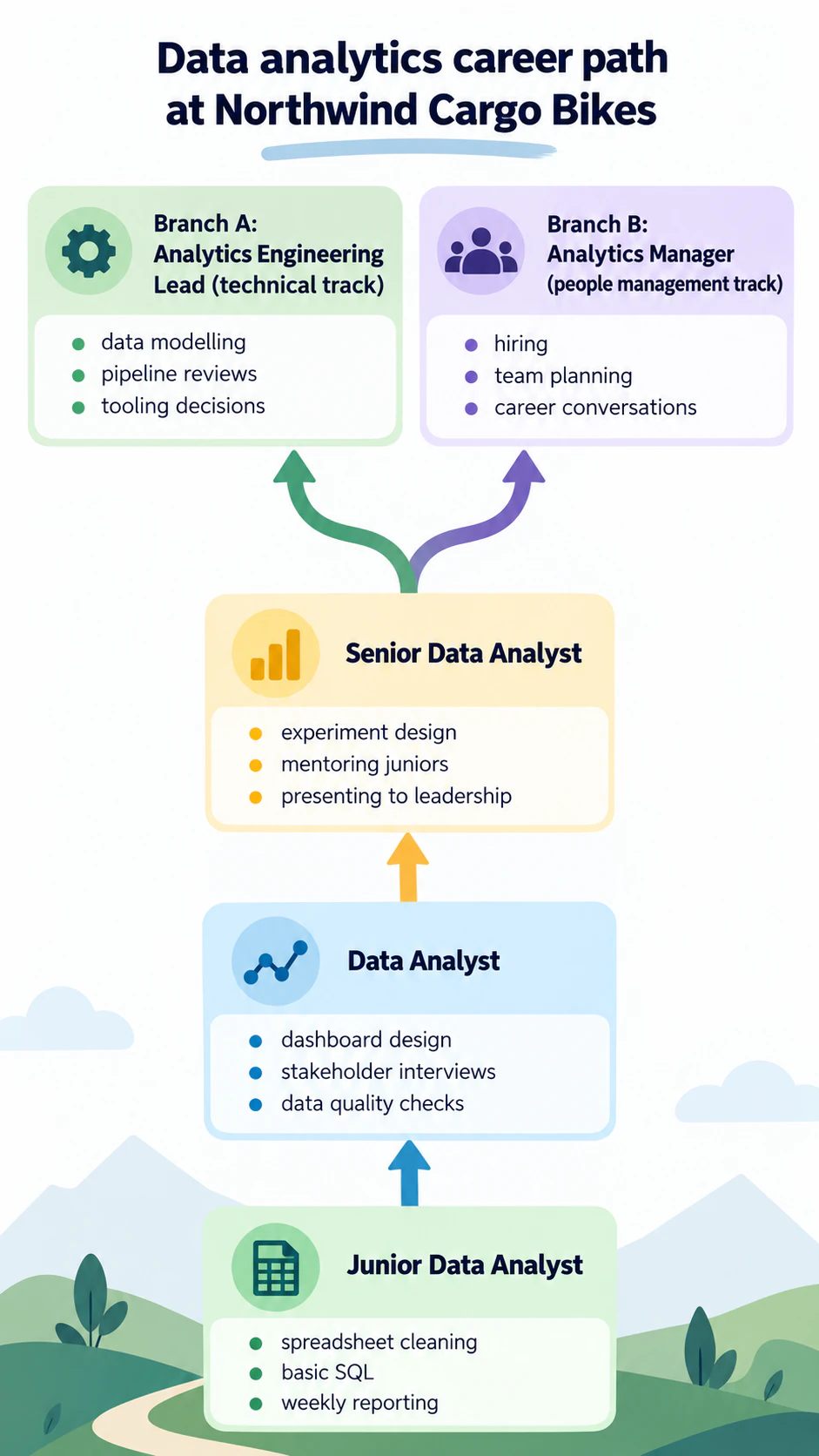 Career path infographic with stages and skills: Five stages ending in a two-way branch, long titles and no timing