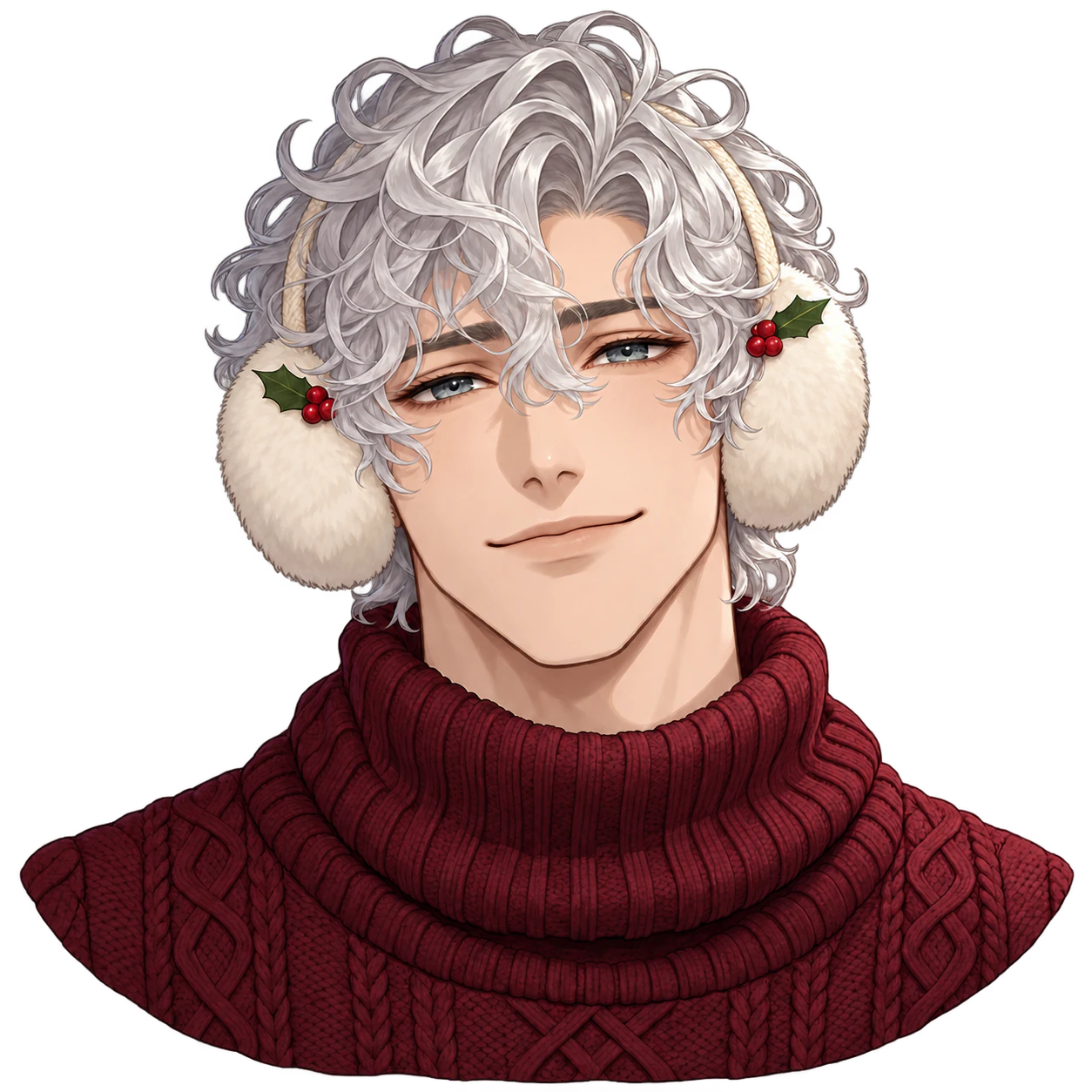 Christmas anime profile picture: Silver curls and holly earmuffs