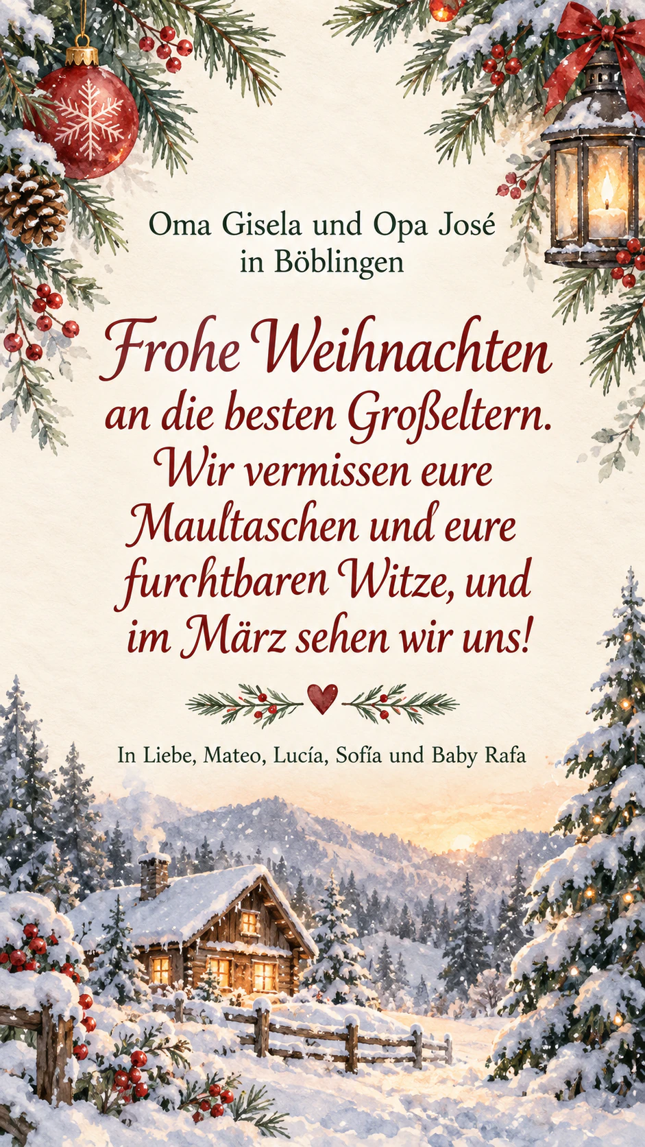 Weihnachtskarte für Familie und Freunde: Langer Gruß an die Großeltern von vier Absendern, ohne Szene