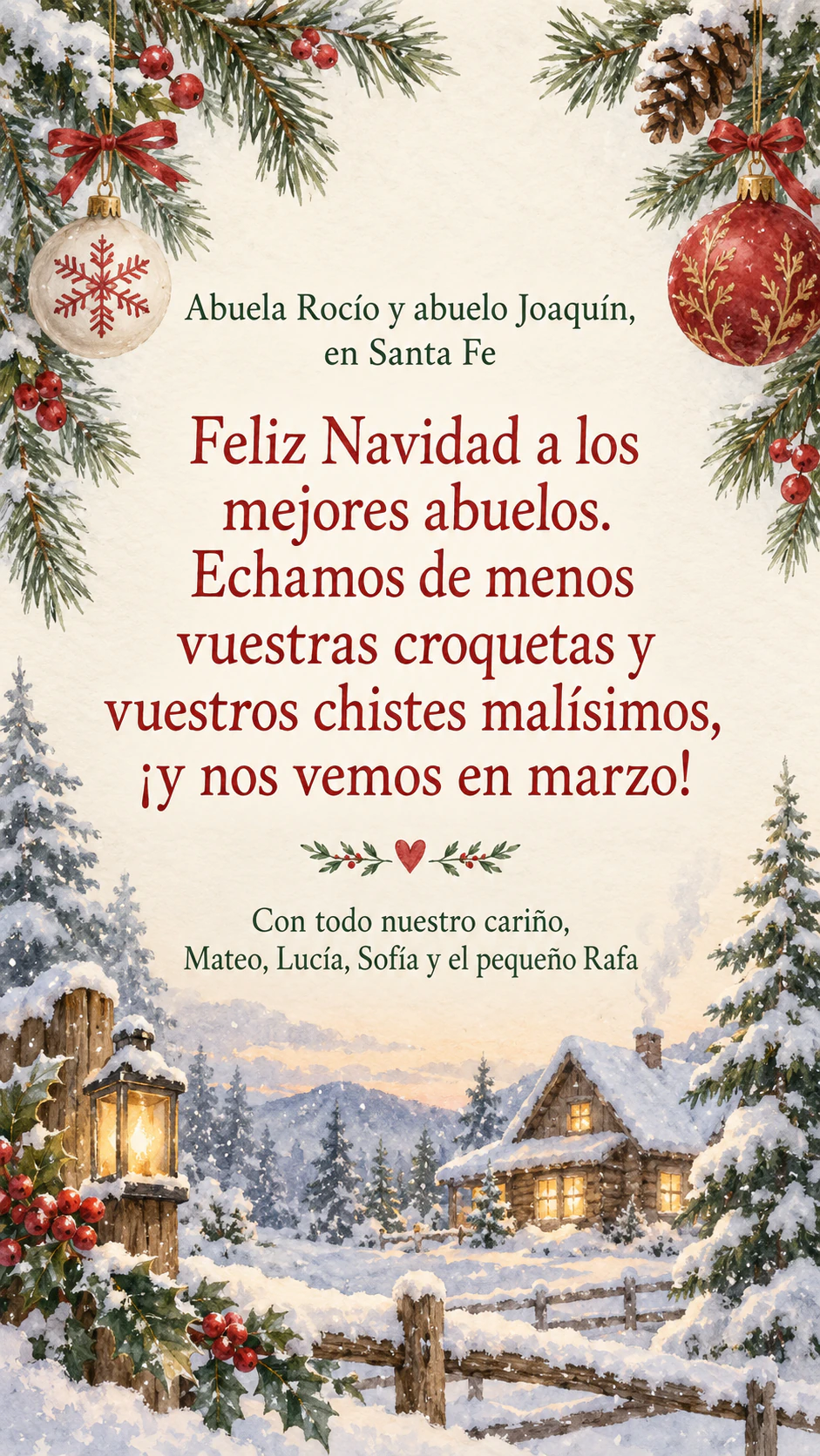 Tarjeta de Navidad para familia y amigos: Saludo largo para los abuelos de parte de cuatro personas, sin escena