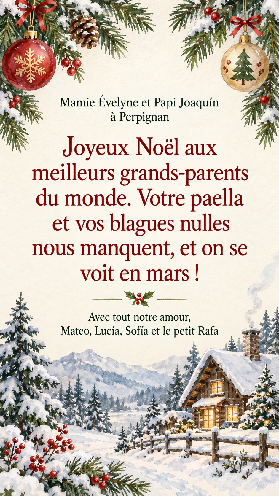 Carte de Noël pour la famille et les amis : Longs vœux aux grands-parents signés par quatre personnes, sans scène