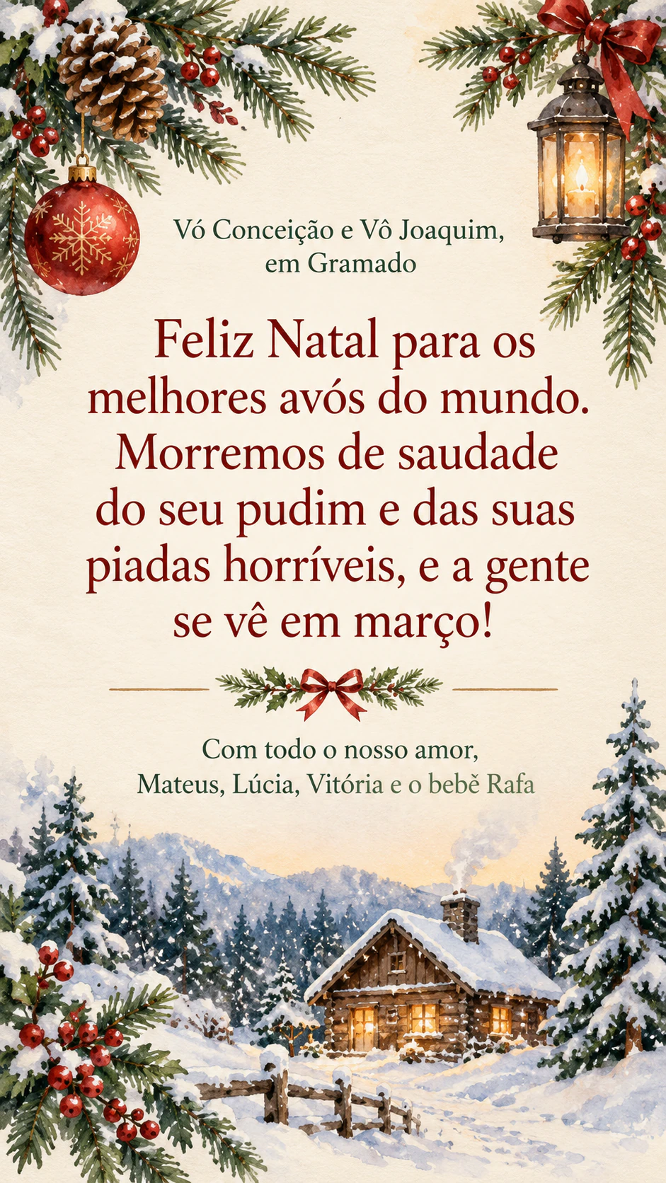 Cartão de Natal para a família e os amigos: Mensagem longa para os avós, assinada por quatro pessoas, sem cena