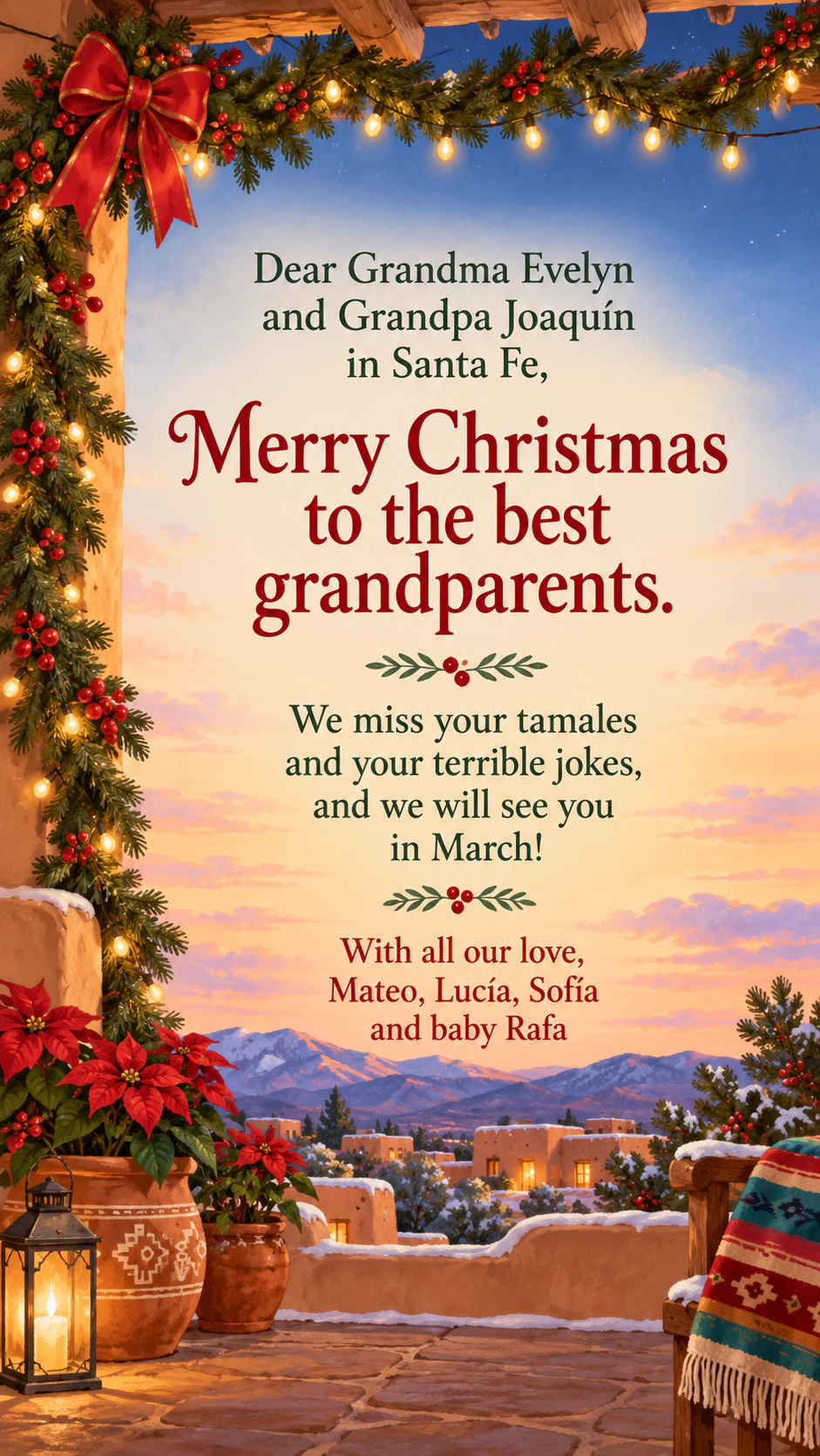 Christmas card for family and friends: Long greeting to grandparents from four signers, no scene