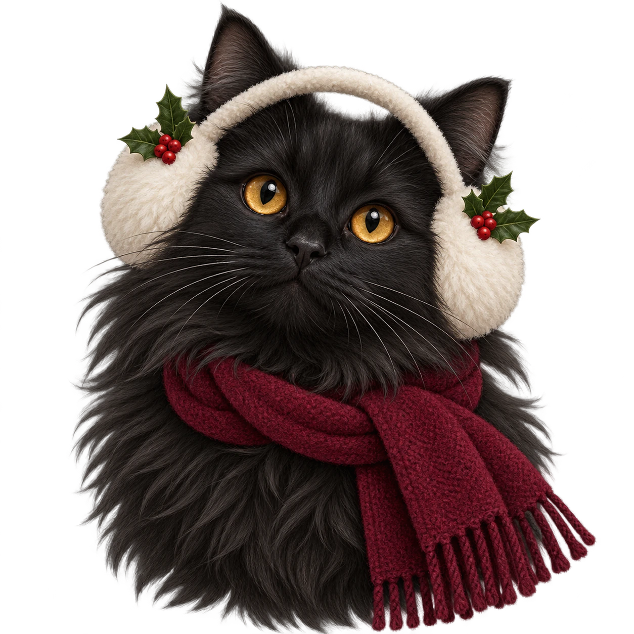 Christmas cat profile picture: Black cat with holly earmuffs