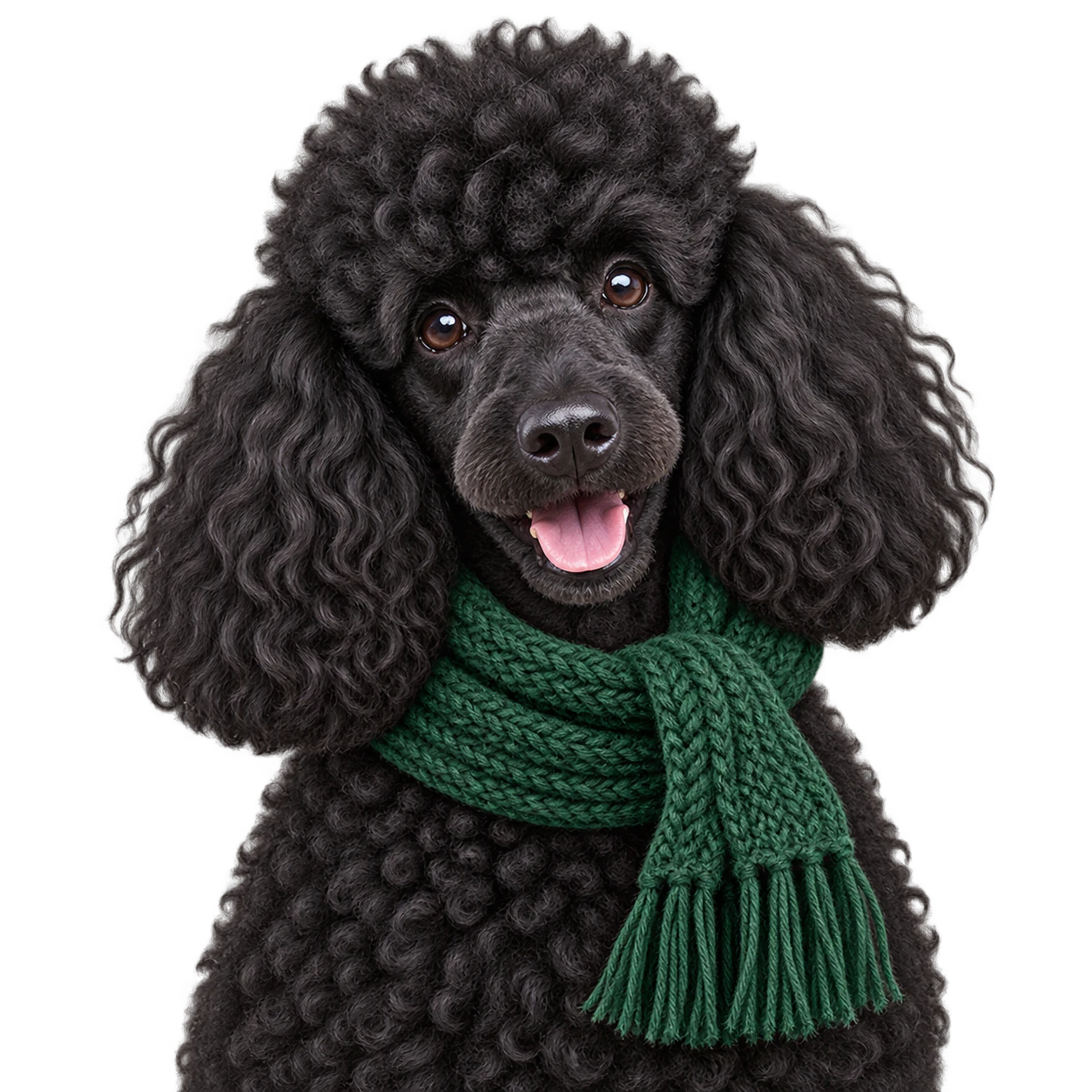 A festive dog avatar: A black poodle in a green scarf