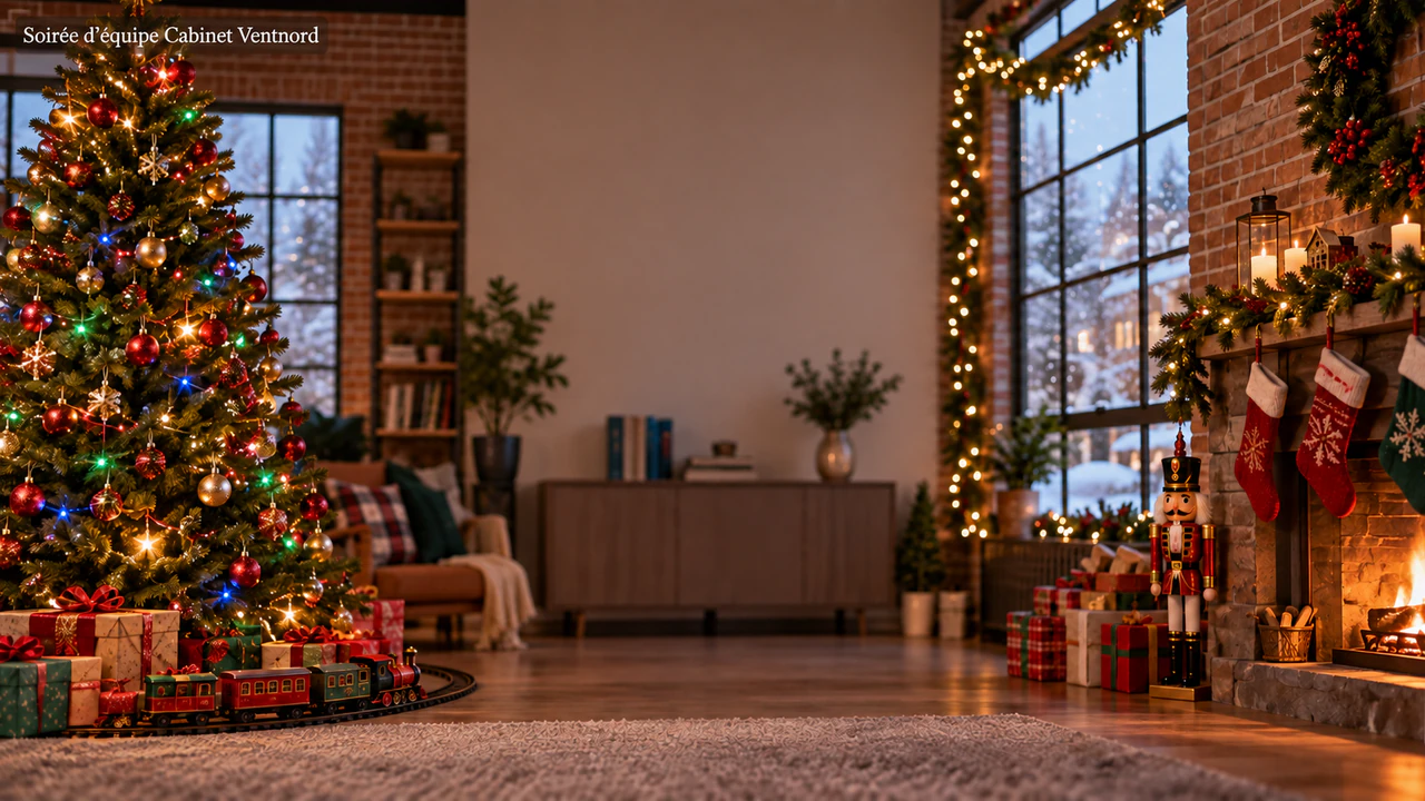 Arrière-plan de Noël pour vos visios : Beaucoup de décorations demandées, une mention de marque plus longue, sans palette