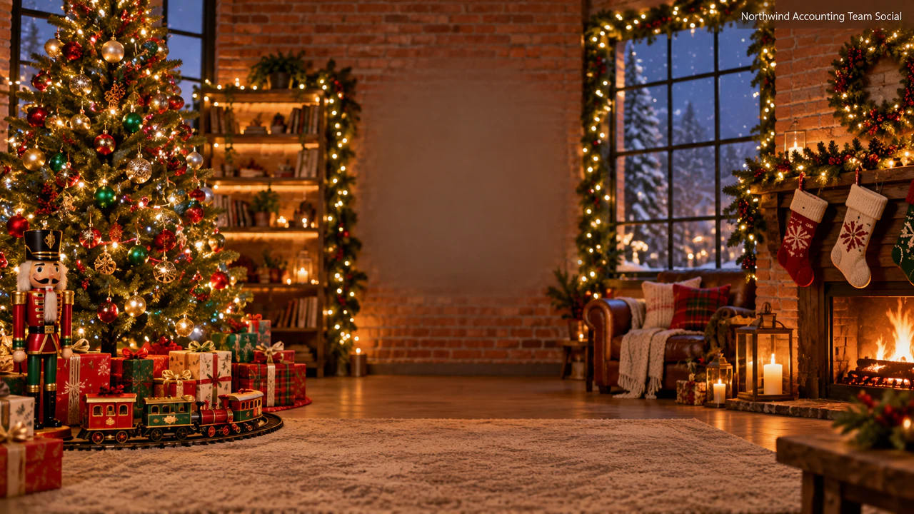 Christmas video call background: Many decorations requested, a longer brand line, no palette