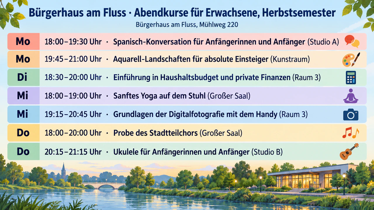 Stundenplan-Plakat für einen kurzen Wochenplan: Sieben Abendkurse für Erwachsene mit langen Namen und eigenen Räumen