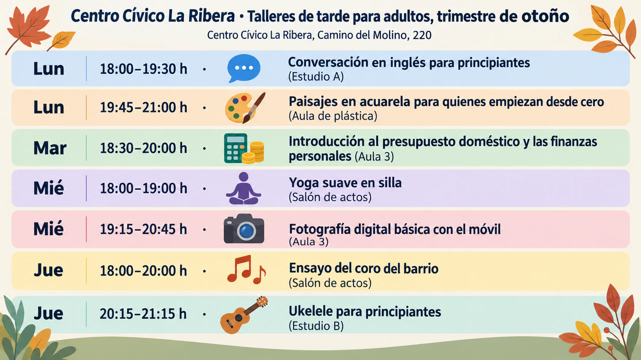 Cartel de horario de clases para un horario semanal corto: Siete clases de tarde para adultos con nombres largos y aula propia