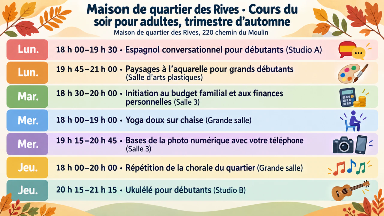 Affiche d’emploi du temps pour un planning hebdomadaire court : Sept cours du soir aux intitulés longs, avec une salle pour chaque séance