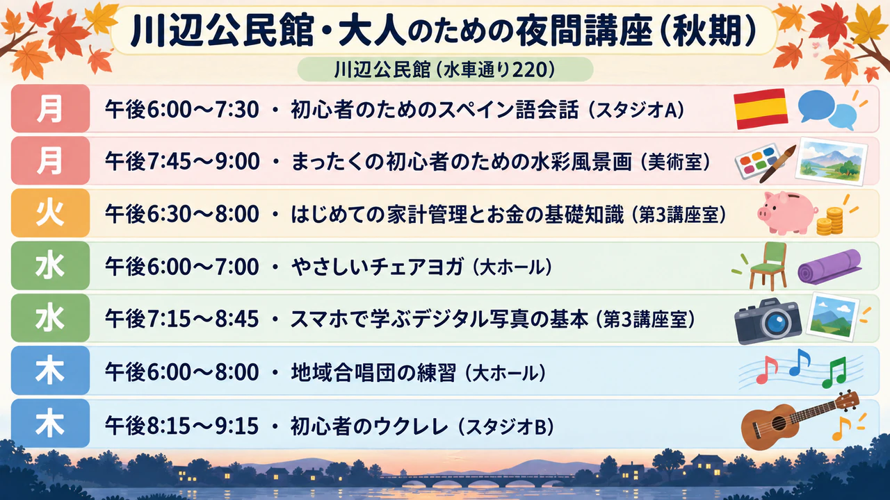 1週間の短い時間割をまとめる時間割ポスター：名前の長い大人向け夜間講座7コマ、それぞれ別の部屋