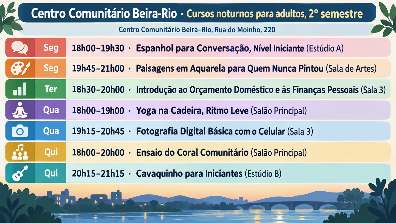 Cartaz de horário de aulas para uma grade semanal curta: Sete cursos noturnos para adultos com nomes longos e salas próprias
