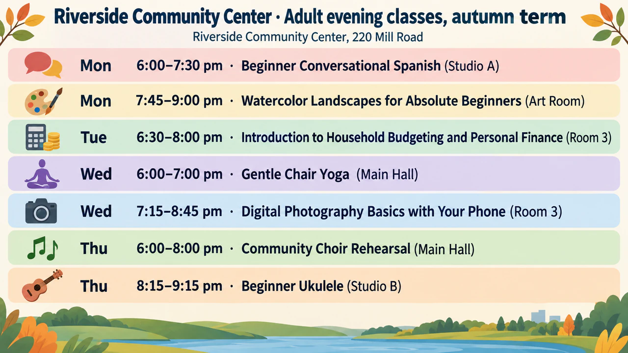 Class schedule poster for a short weekly timetable: Seven adult evening classes with long names and their own rooms