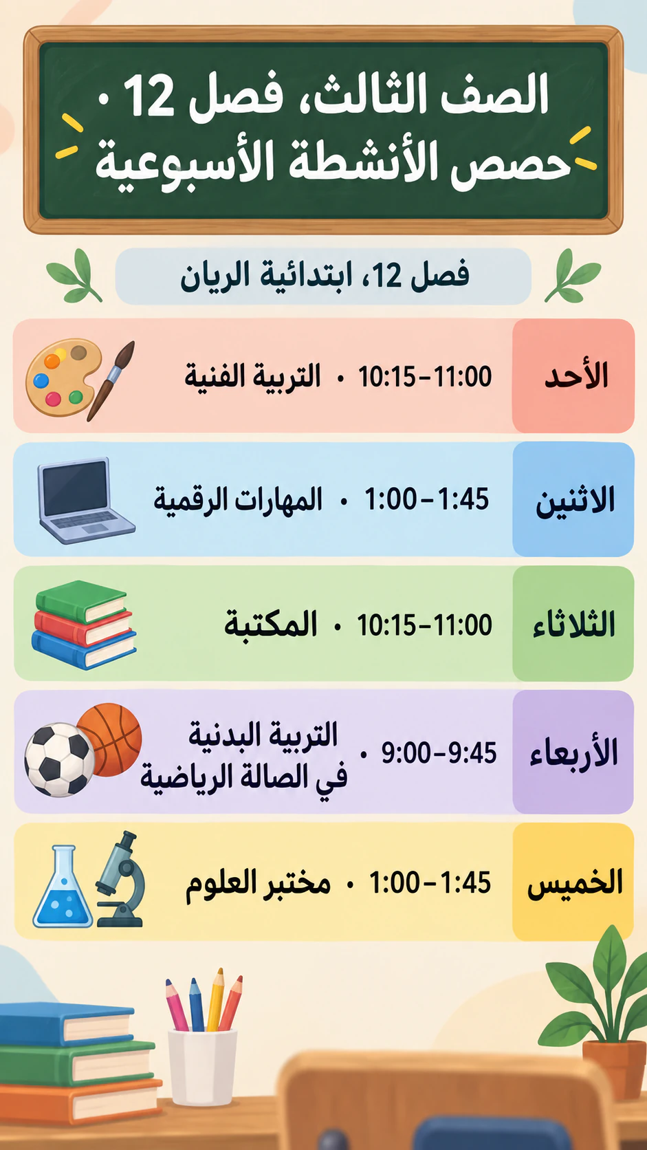 مثال على ملصق جدول حصص لجدول أسبوعي قصير