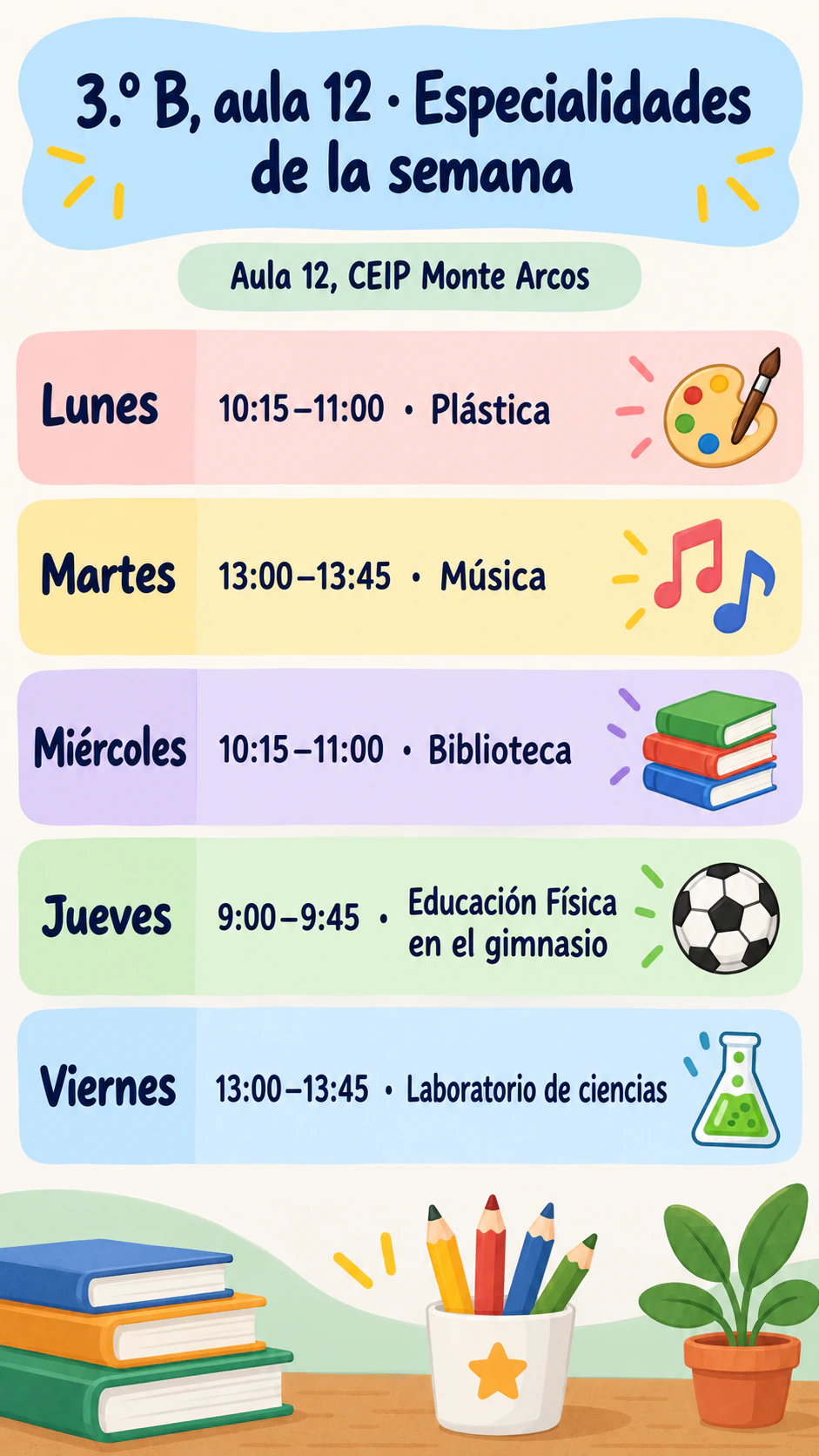 Ejemplo de Cartel de horario de clases para un horario semanal corto
