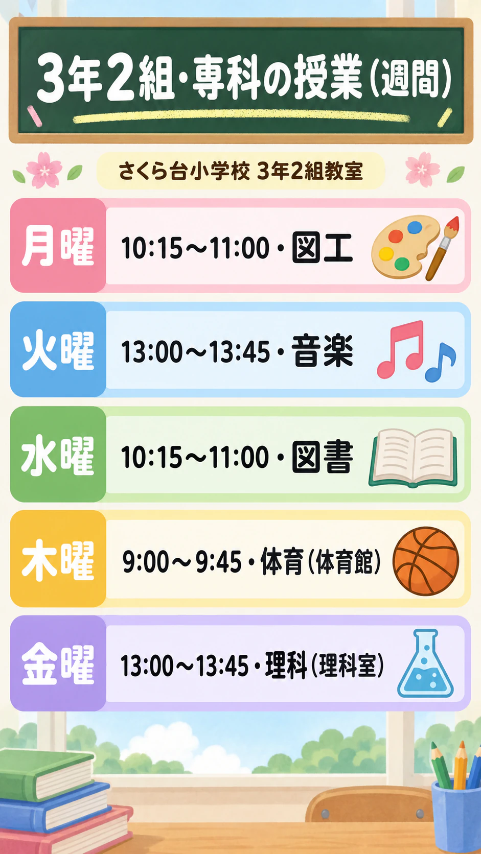 1週間の短い時間割をまとめる時間割ポスターの作例