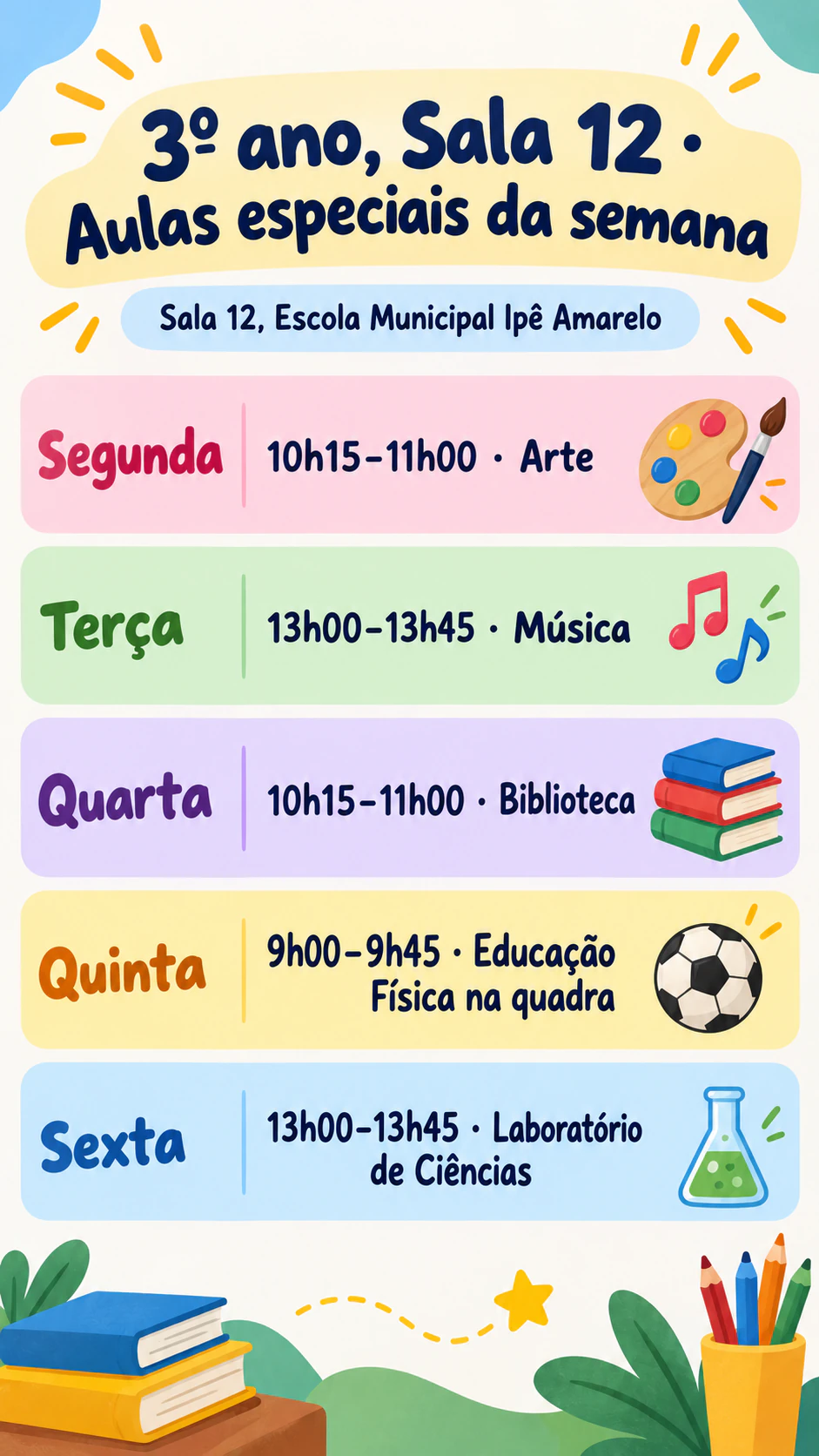 Exemplo de Cartaz de horário de aulas para uma grade semanal curta