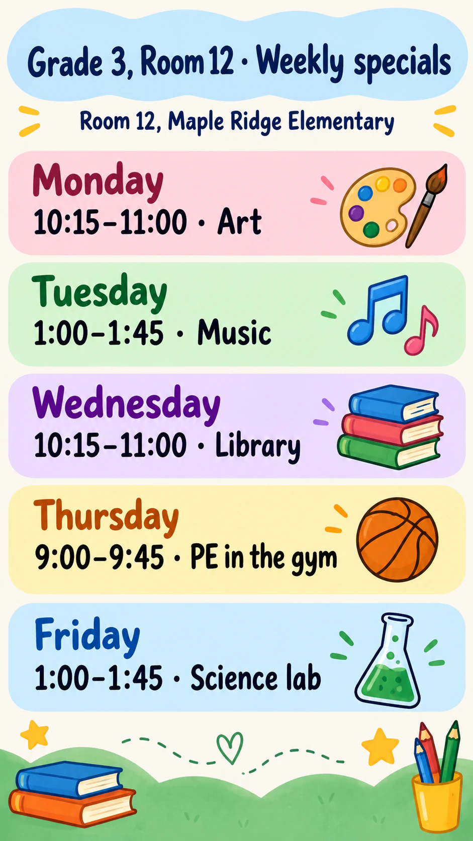Class schedule poster for a short weekly timetable example