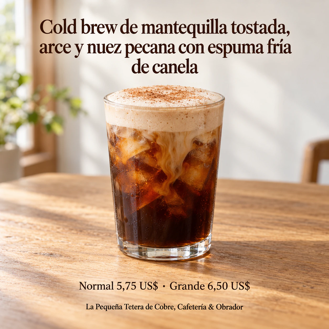 Cartel de bebida de cafetería con tu precio exacto: Nombre largo de bebida de temporada con dos tamaños y dos precios