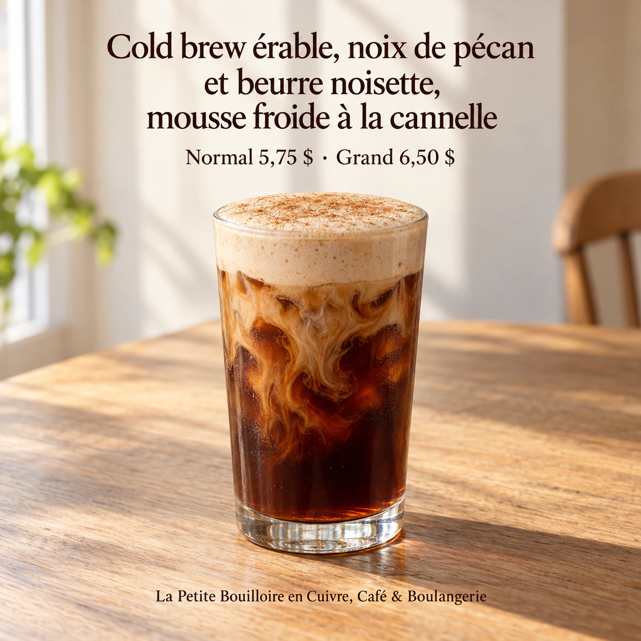 Affiche de boisson pour votre café, avec le prix exact : Nom de boisson de saison très long, deux tailles et deux prix