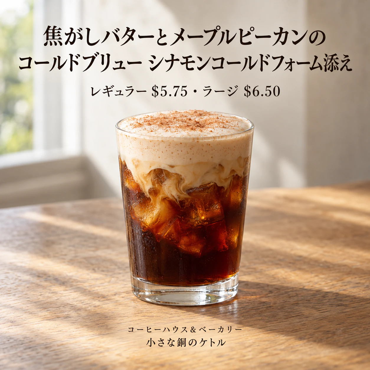 正確な価格を載せたカフェのドリンクポスター：長い季節限定ドリンク名と、2サイズの価格