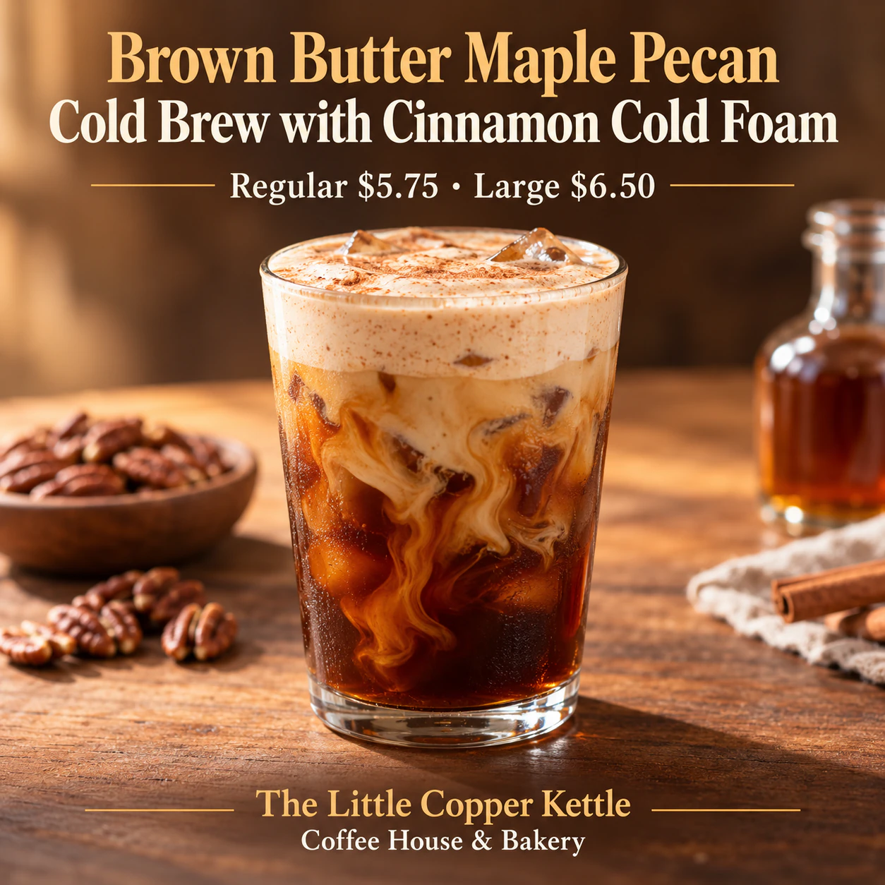 Café drink poster with your exact price: Long seasonal drink name with two sizes and prices
