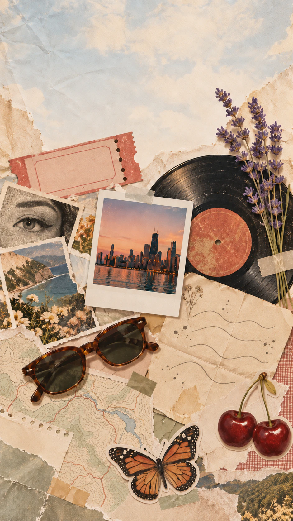 Aesthetic collage wallpaper from your list of motifs: Ten motifs with printed pieces and no palette or mood