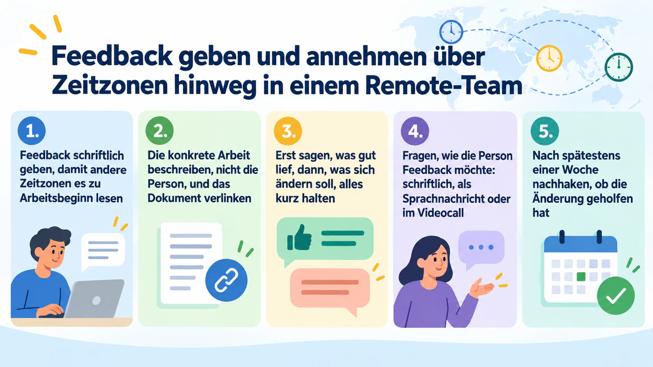 Infografik mit Tipps zu Kommunikation oder aktivem Zuhören: Fünf lange Feedback-Tipps ohne Situation und ohne Beispielsätze